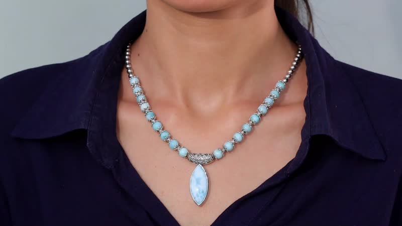 Larimar Necklace 18-20 Inches in Black Oxidized Sterling Silver 72.50 ctw