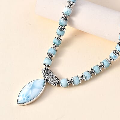 Larimar Necklace 18-20 Inches in Black Oxidized Sterling Silver 72.50 ctw