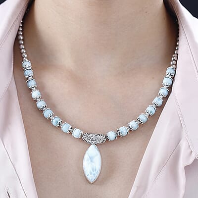 Larimar Necklace 18-20 Inches in Black Oxidized Sterling Silver 72.50 ctw