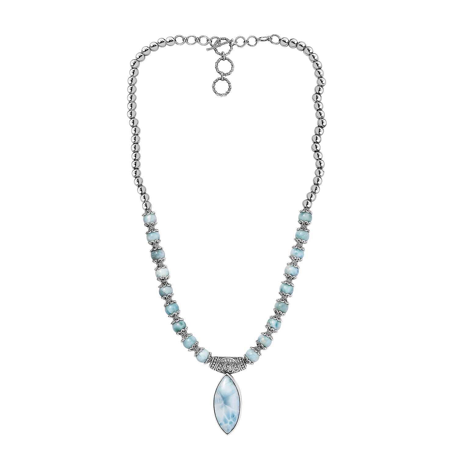 Larimar Necklace 18-20 Inches in Black Oxidized Sterling Silver 72.50 ctw