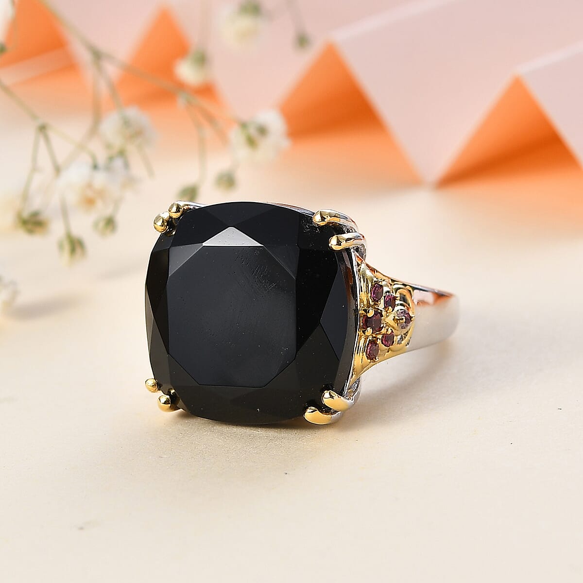 Black Onyx, Orissa Rhodolite Garnet Ring in Vermeil YG and Platinum Over Sterling Silver (Size 9.0) 20.85 ctw image number 1