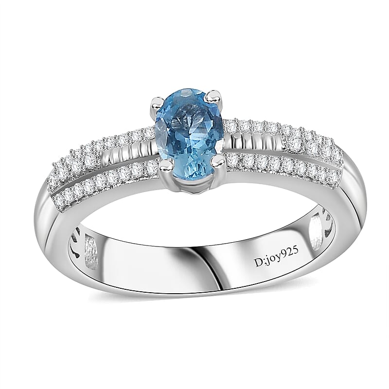 Santa Maria Aquamarine and White Zircon Broad Shank Ring in Rhodium Over Sterling Silver (Size 10.0) 0.65 ctw