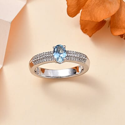 Santa Maria Aquamarine and White Zircon Broad Shank Ring in Rhodium Over Sterling Silver (Size 10.0) 0.65 ctw
