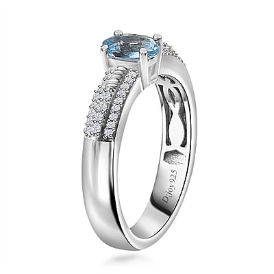 Santa Maria Aquamarine and White Zircon Broad Shank Ring in Rhodium Over Sterling Silver (Size 10.0) 0.65 ctw