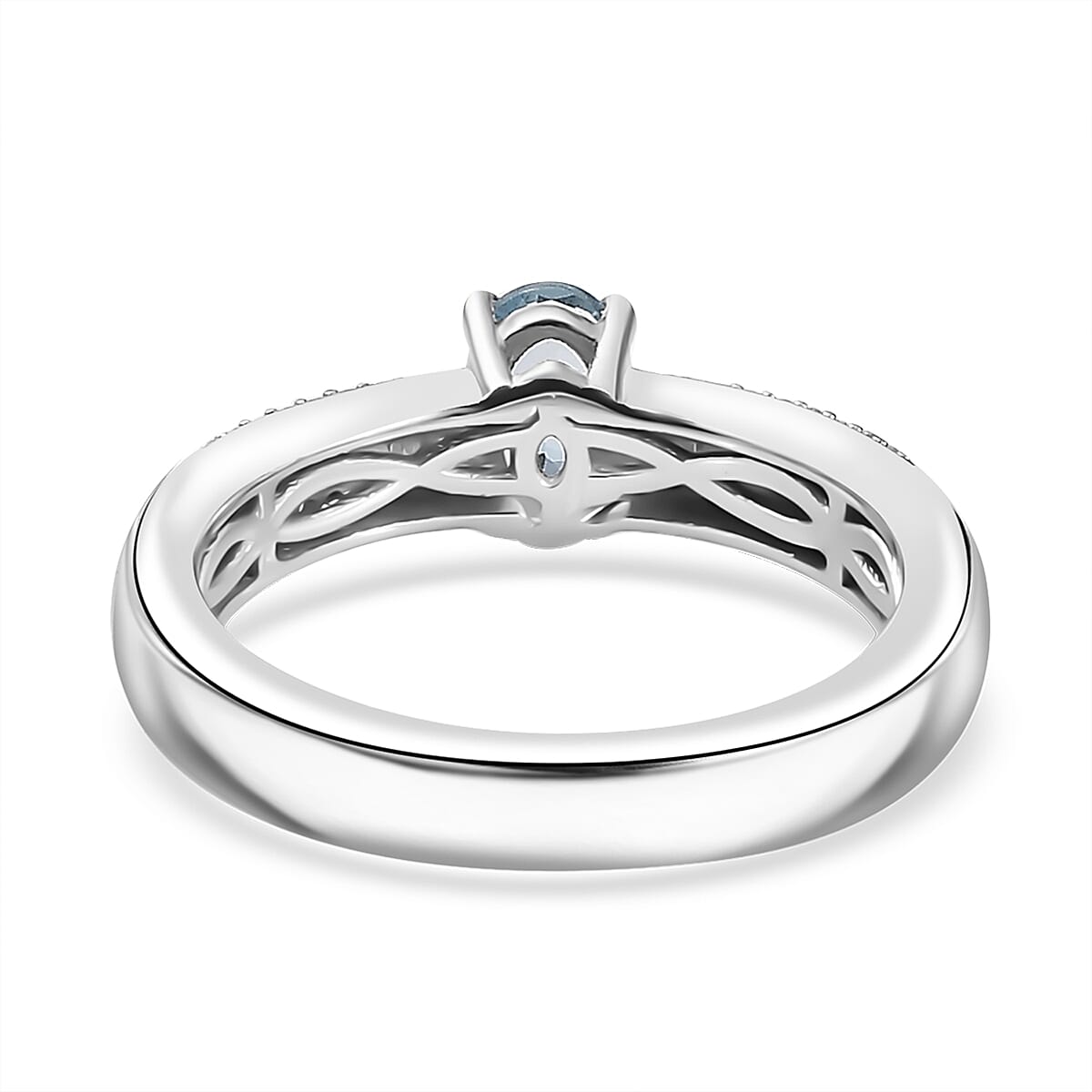 Santa Maria Aquamarine and White Zircon Broad Shank Ring in Rhodium Over Sterling Silver (Size 10.0) 0.65 ctw