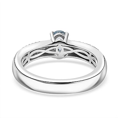 Santa Maria Aquamarine and White Zircon Broad Shank Ring in Rhodium Over Sterling Silver (Size 10.0) 0.65 ctw