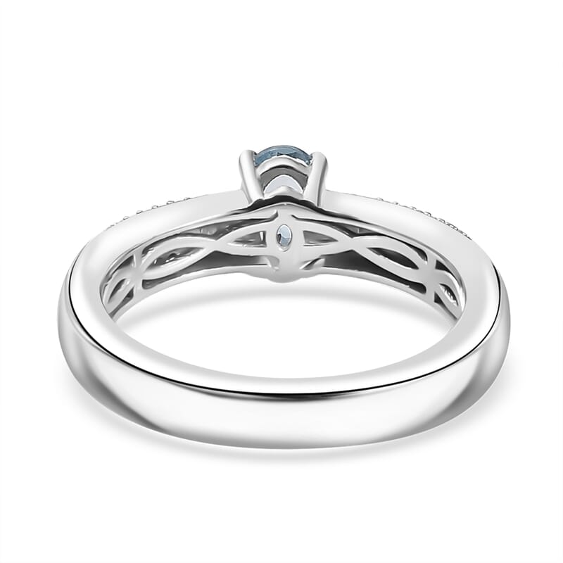 Santa Maria Aquamarine and White Zircon Broad Shank Ring in Rhodium Over Sterling Silver (Size 10.0) 0.65 ctw