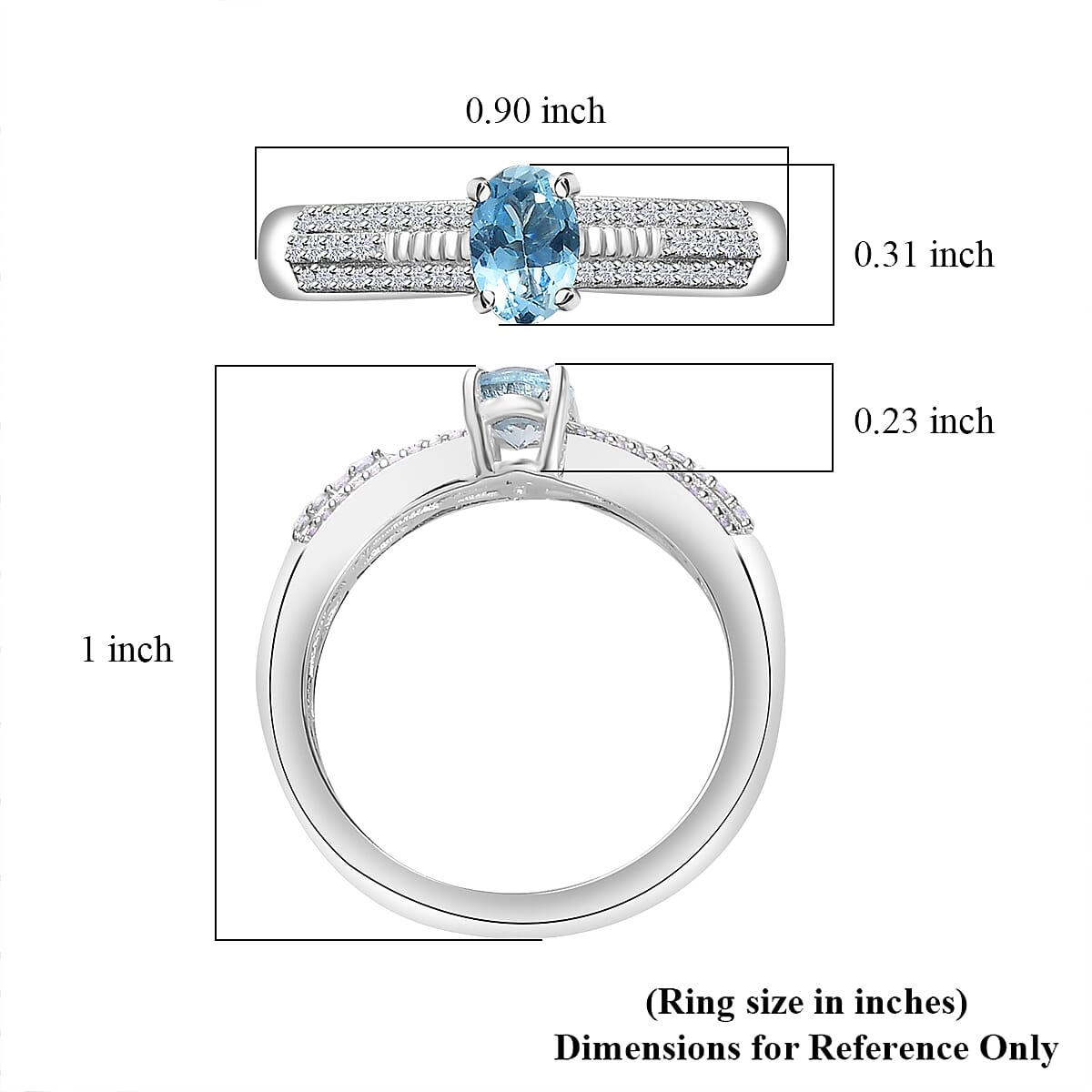 Santa Maria Aquamarine and White Zircon Broad Shank Ring in Rhodium Over Sterling Silver (Size 10.0) 0.65 ctw