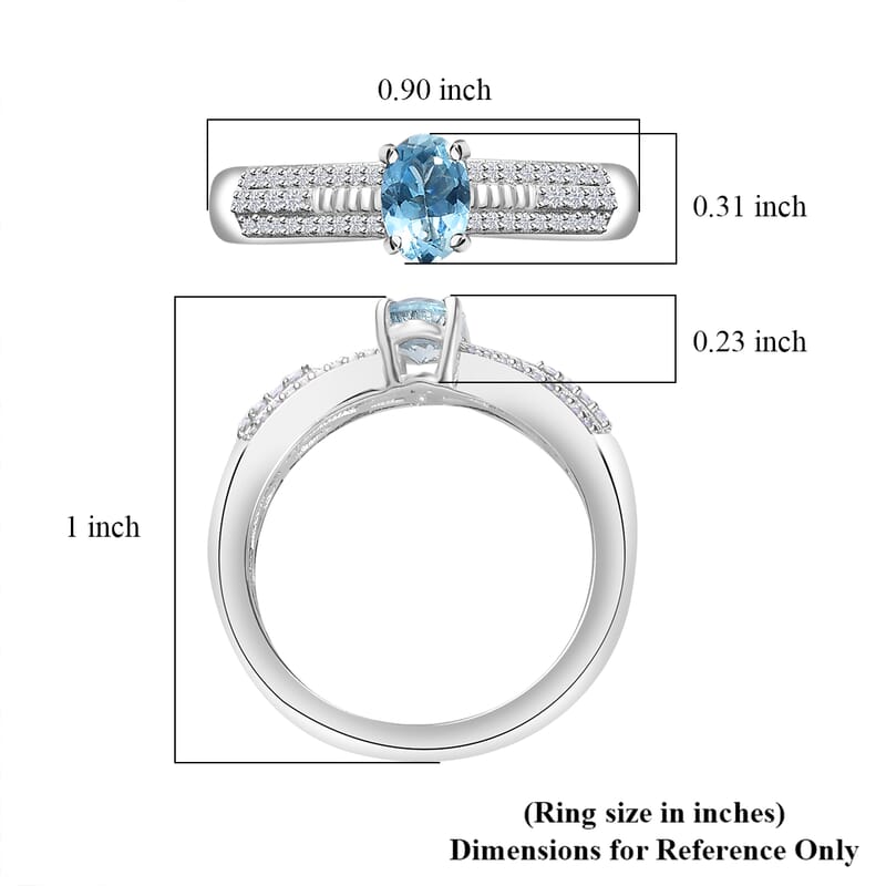 Santa Maria Aquamarine and White Zircon Broad Shank Ring in Rhodium Over Sterling Silver (Size 10.0) 0.65 ctw