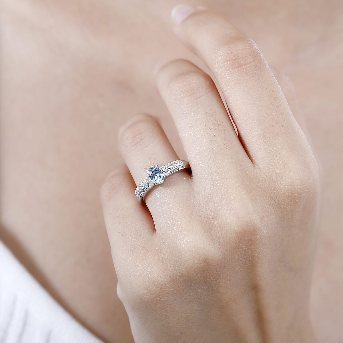 Santa Maria Aquamarine and White Zircon Broad Shank Ring in Rhodium Over Sterling Silver (Size 7.0) 0.65 ctw image number 2