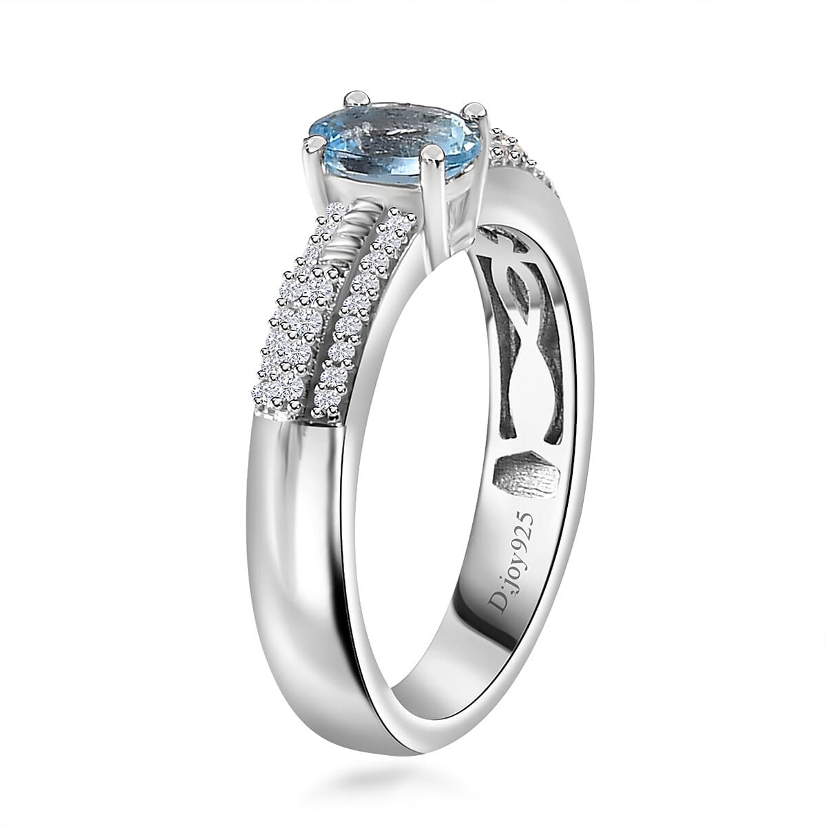 Santa Maria Aquamarine and White Zircon Broad Shank Ring in Rhodium Over Sterling Silver (Size 9.0) 0.65 ctw image number 3
