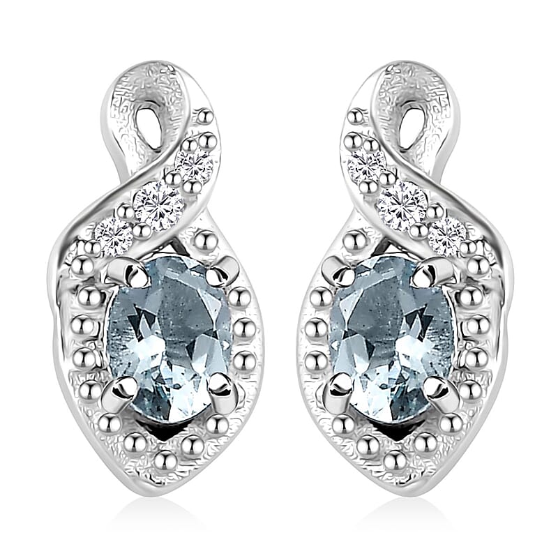 Santa Maria Aquamarine and White Zircon Leaf Earrings in Rhodium Over Sterling Silver 0.40 ctw