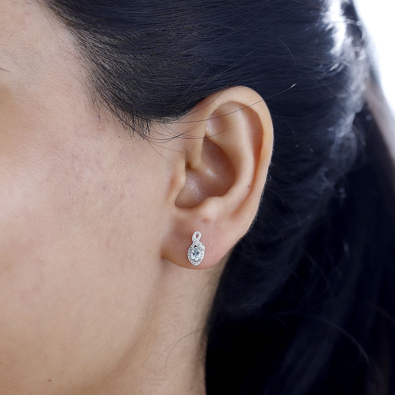 Santa Maria Aquamarine and White Zircon Leaf Earrings in Rhodium Over Sterling Silver 0.40 ctw
