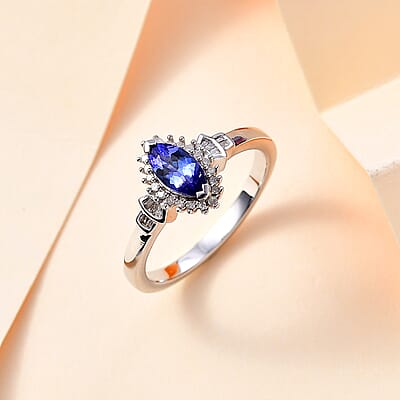 AAA Tanzanite and Diamond Ballerina Ring in Rhodium Over Sterling Silver (Size 10.0) 0.80 ctw