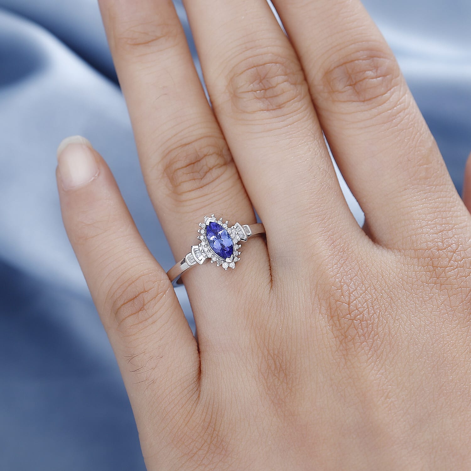 AAA Tanzanite and Diamond Ballerina Ring in Rhodium Over Sterling Silver (Size 10.0) 0.80 ctw