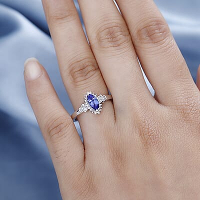 AAA Tanzanite and Diamond Ballerina Ring in Rhodium Over Sterling Silver (Size 10.0) 0.80 ctw