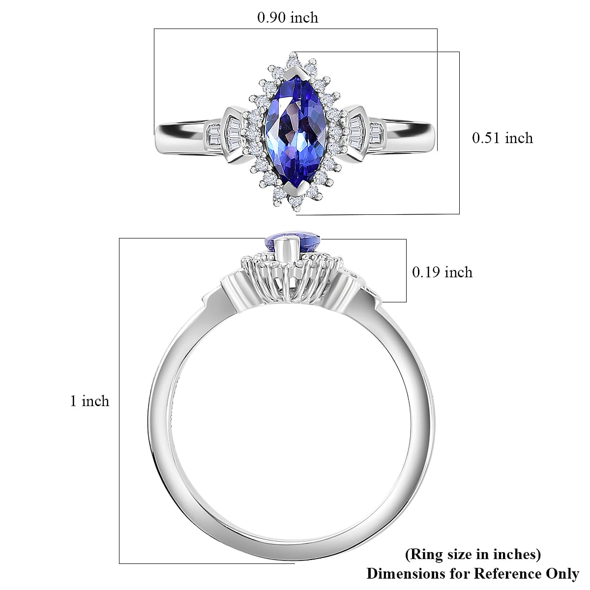 AAA Tanzanite and Diamond Ballerina Ring in Rhodium Over Sterling Silver (Size 10.0) 0.80 ctw