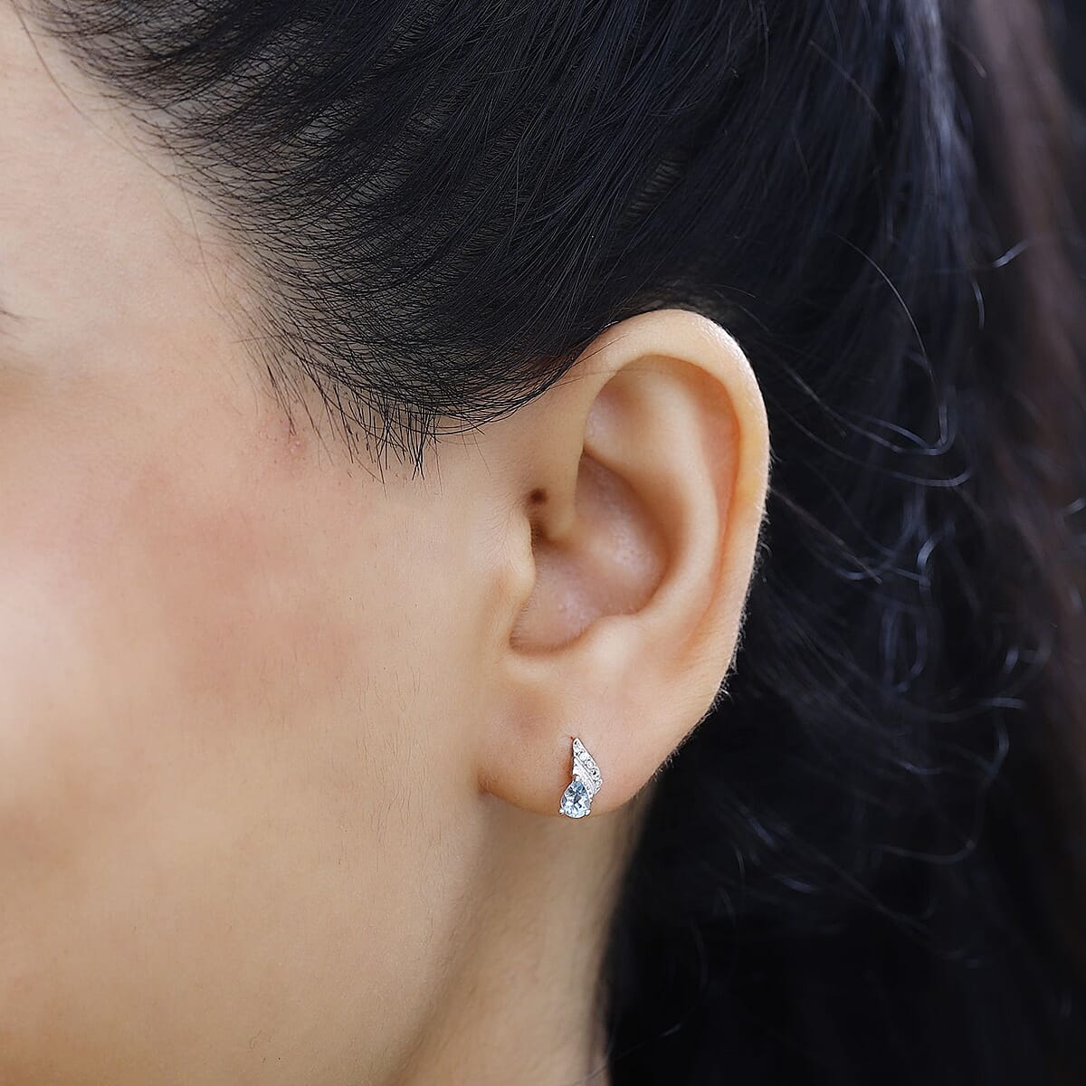 Santa Maria Aquamarine and White Zircon Leaf Earrings in Rhodium Over Sterling Silver 0.40 ctw image number 2