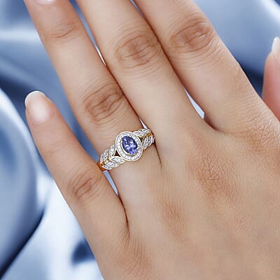 AAA Tanzanite and White Zircon Leaf Ring in 18K Vermeil Yellow Gold Over Sterling Silver (Size 10.0) 0.75 ctw