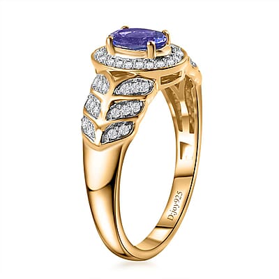 AAA Tanzanite and White Zircon Leaf Ring in 18K Vermeil Yellow Gold Over Sterling Silver (Size 10.0) 0.75 ctw