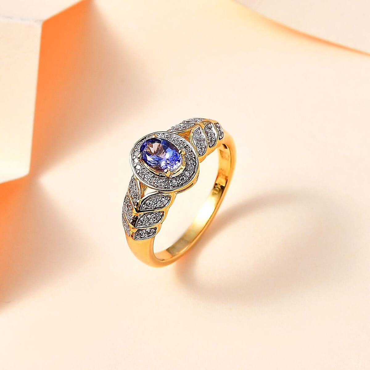 AAA Tanzanite and White Zircon Leaf Ring in 18K Vermeil Yellow Gold Over Sterling Silver (Size 9.0) 0.75 ctw image number 1