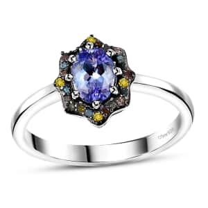 Tanzanite and Multi Diamond Northern Lights Ring in Rhodium Over Sterling Silver (Size 10.0) 1.15 ctw