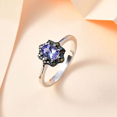 Tanzanite and Multi Diamond Northern Lights Ring in Rhodium Over Sterling Silver (Size 10.0) 1.15 ctw