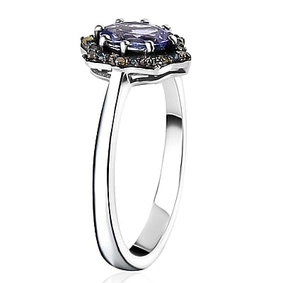Tanzanite and Multi Diamond Northern Lights Ring in Rhodium Over Sterling Silver (Size 10.0) 1.15 ctw