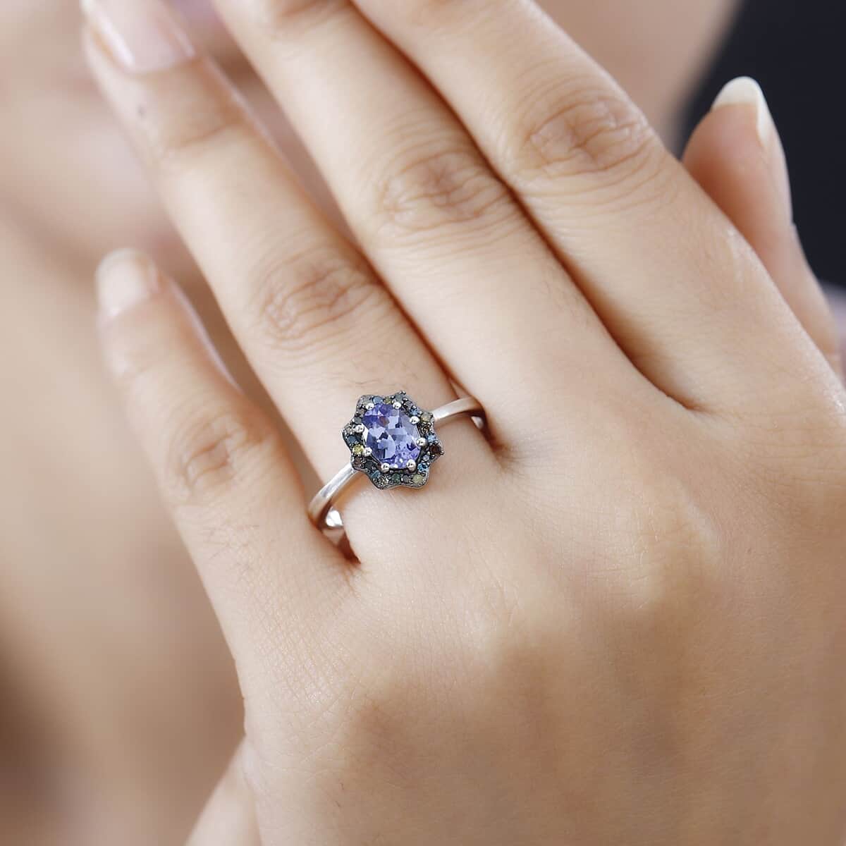 Tanzanite and Multi Diamond Northern Lights Ring in Rhodium Over Sterling Silver (Size 5.0) 1.15 ctw image number 2