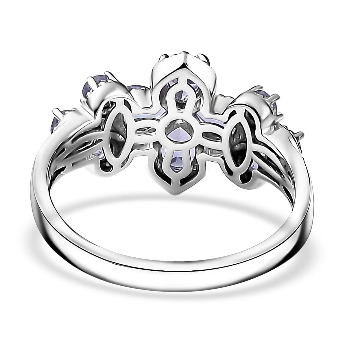 AAA Tanzanite and White Zircon Plumeria Floral Ring in Rhodium Over Sterling Silver (Size 10.0) 1.80 ctw