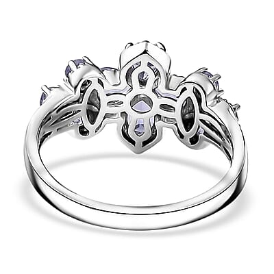 AAA Tanzanite and White Zircon Plumeria Floral Ring in Rhodium Over Sterling Silver (Size 10.0) 1.80 ctw