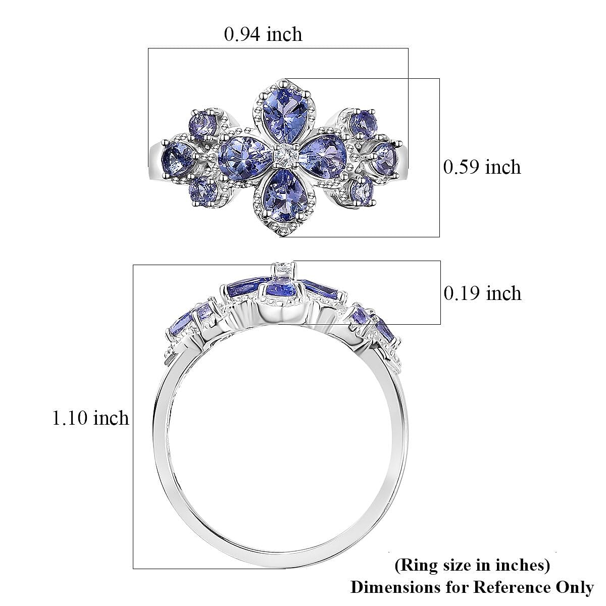 AAA Tanzanite and White Zircon Plumeria Floral Ring in Rhodium Over Sterling Silver (Size 10.0) 1.80 ctw