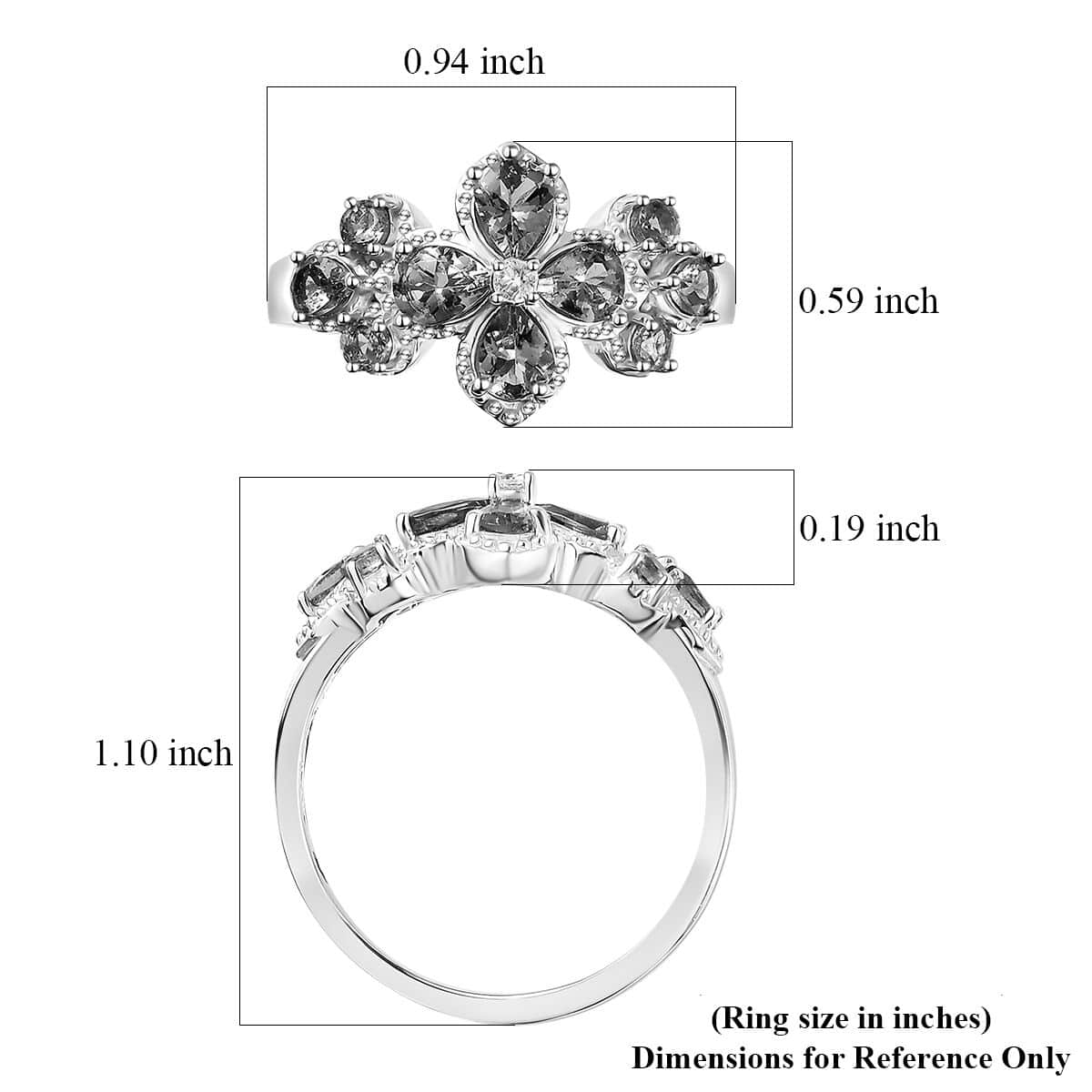 AAA Tanzanite and White Zircon Plumeria Floral Ring in Rhodium Over Sterling Silver (Size 10.0) 1.80 ctw image number 5