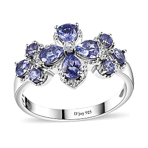 AAA Tanzanite and White Zircon Plumeria Floral Ring in Rhodium Over Sterling Silver (Size 6.0) 1.80 ctw