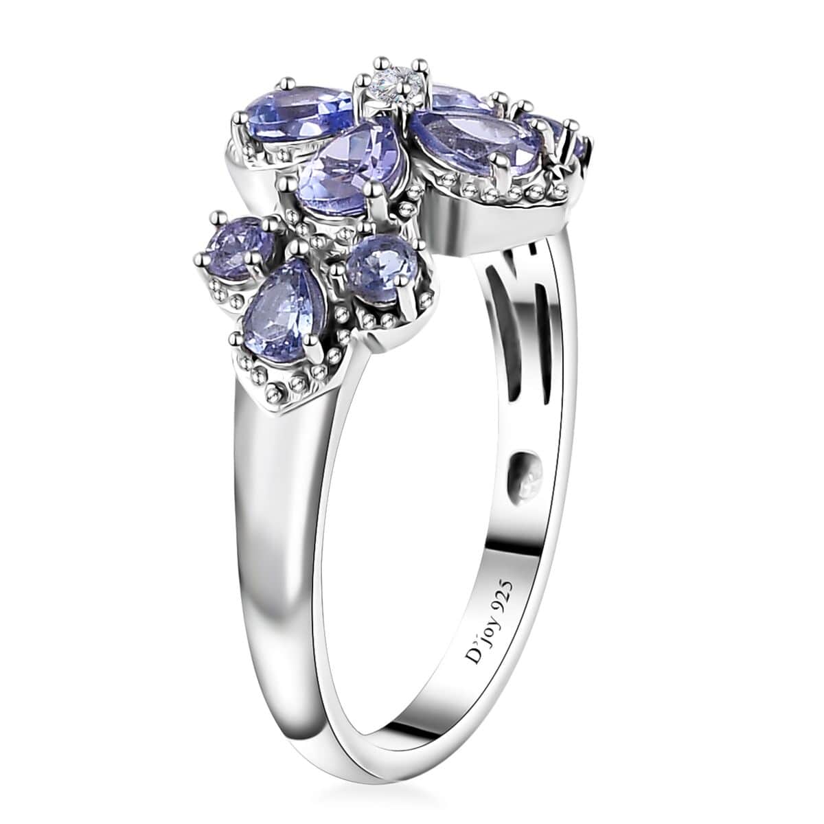 AAA Tanzanite and White Zircon Plumeria Floral Ring in Rhodium Over Sterling Silver (Size 8.0) 1.80 ctw image number 3