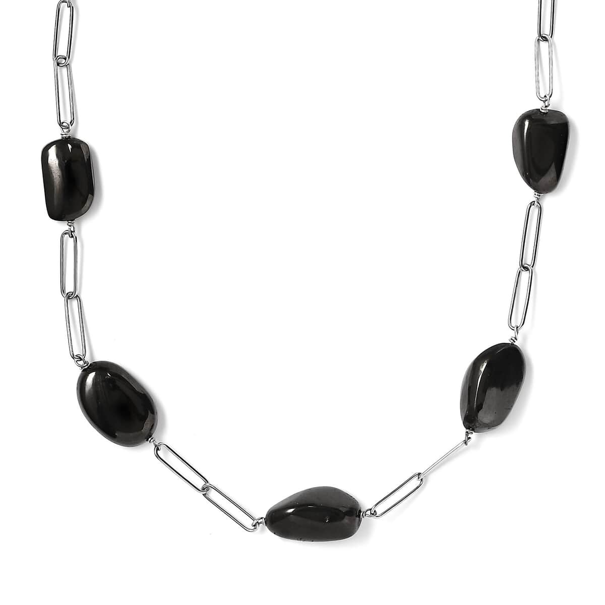 Elite Shungite Paper Clip Chain Station Necklace 20 Inches in Rhodium Over Sterling Silver 50.00 ctw image number 0