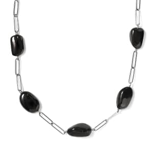 Elite Shungite Paper Clip Chain Station Necklace 20 Inches in Rhodium Over Sterling Silver 50.00 ctw