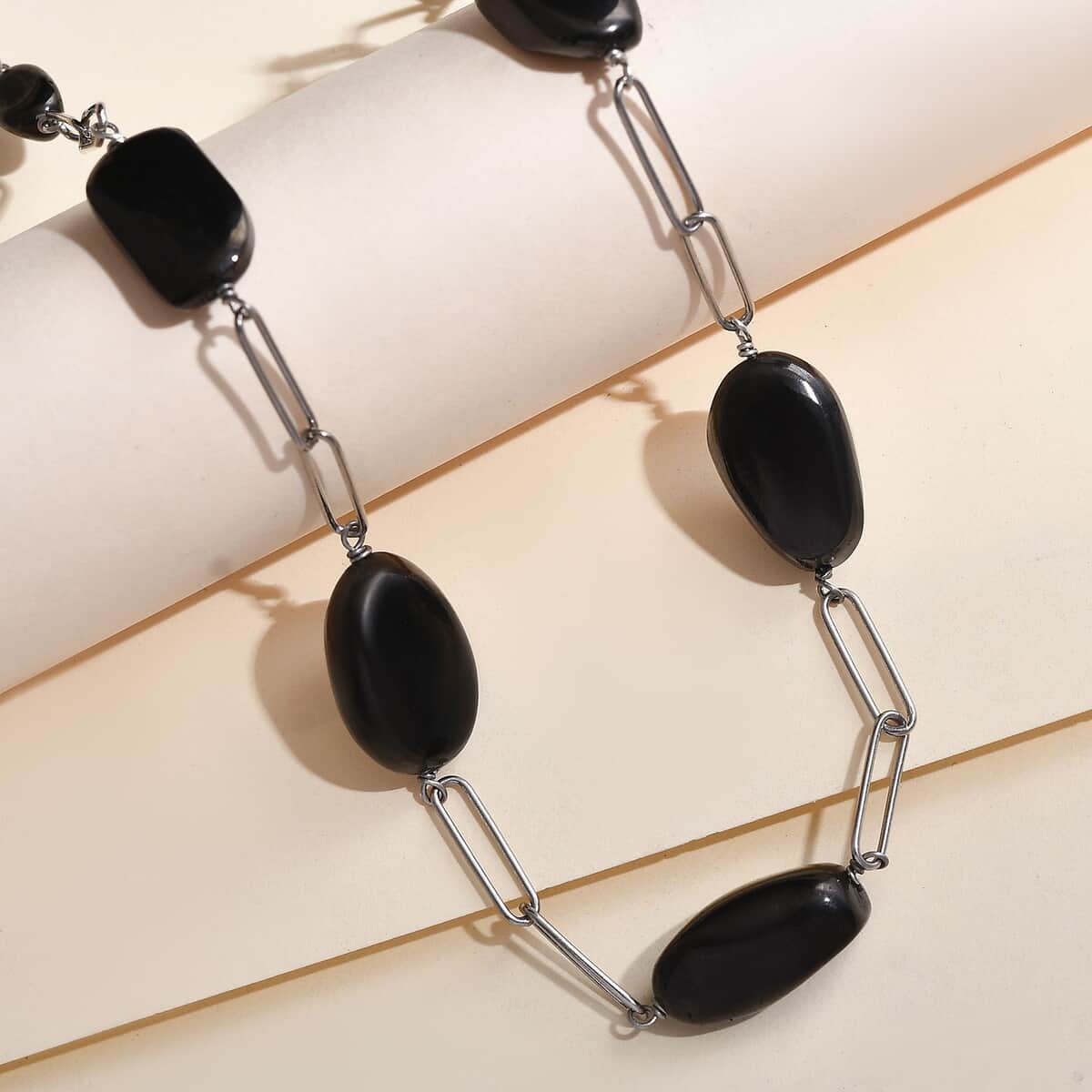 Elite Shungite Paper Clip Chain Station Necklace 20 Inches in Rhodium Over Sterling Silver 50.00 ctw image number 1
