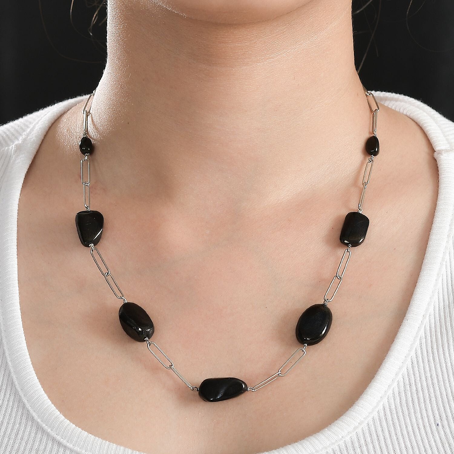 Elite Shungite Paper Clip Chain Station Necklace 20 Inches in Rhodium Over Sterling Silver 50.00 ctw