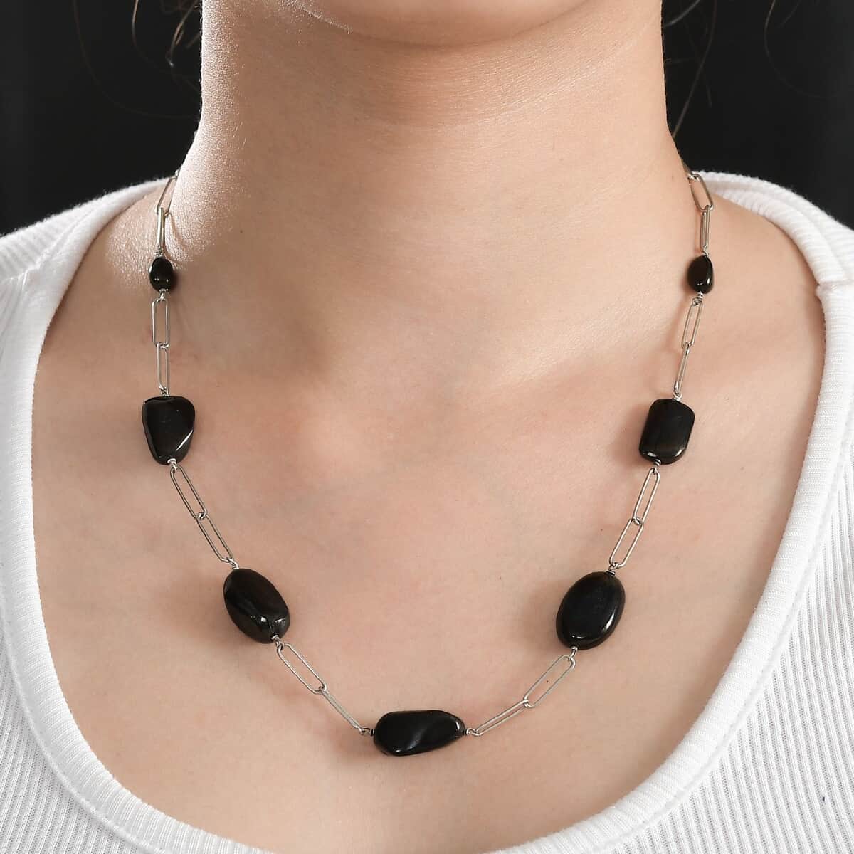 Elite Shungite Paper Clip Chain Station Necklace 20 Inches in Rhodium Over Sterling Silver 50.00 ctw image number 2