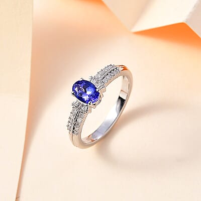 AAA Tanzanite and Diamond Ring in Rhodium Over Sterling Silver (Size 10.0) 0.85 ctw