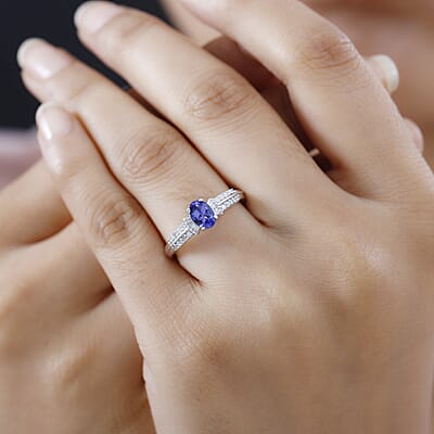 AAA Tanzanite and Diamond Ring in Rhodium Over Sterling Silver (Size 10.0) 0.85 ctw