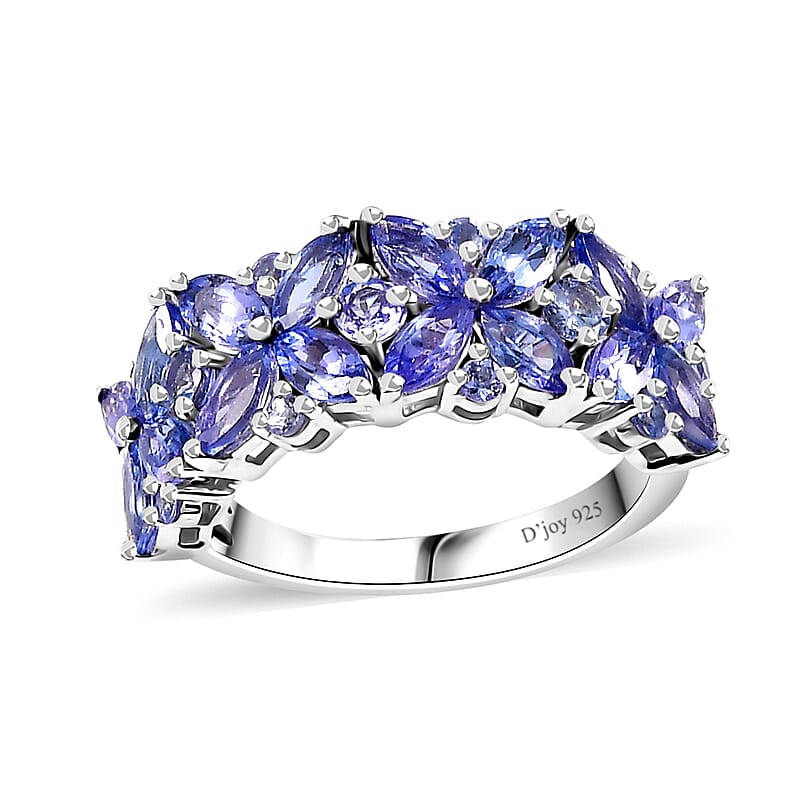 Tanzanite Floral Ring in Rhodium Over Sterling Silver (Size 10.0) 2.75 ctw