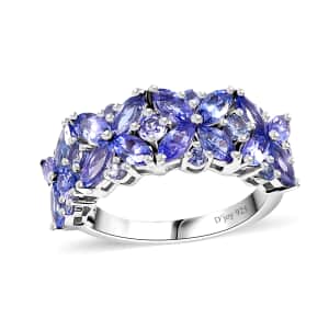 Tanzanite Floral Ring in Rhodium Over Sterling Silver (Size 5.0) 2.75 ctw