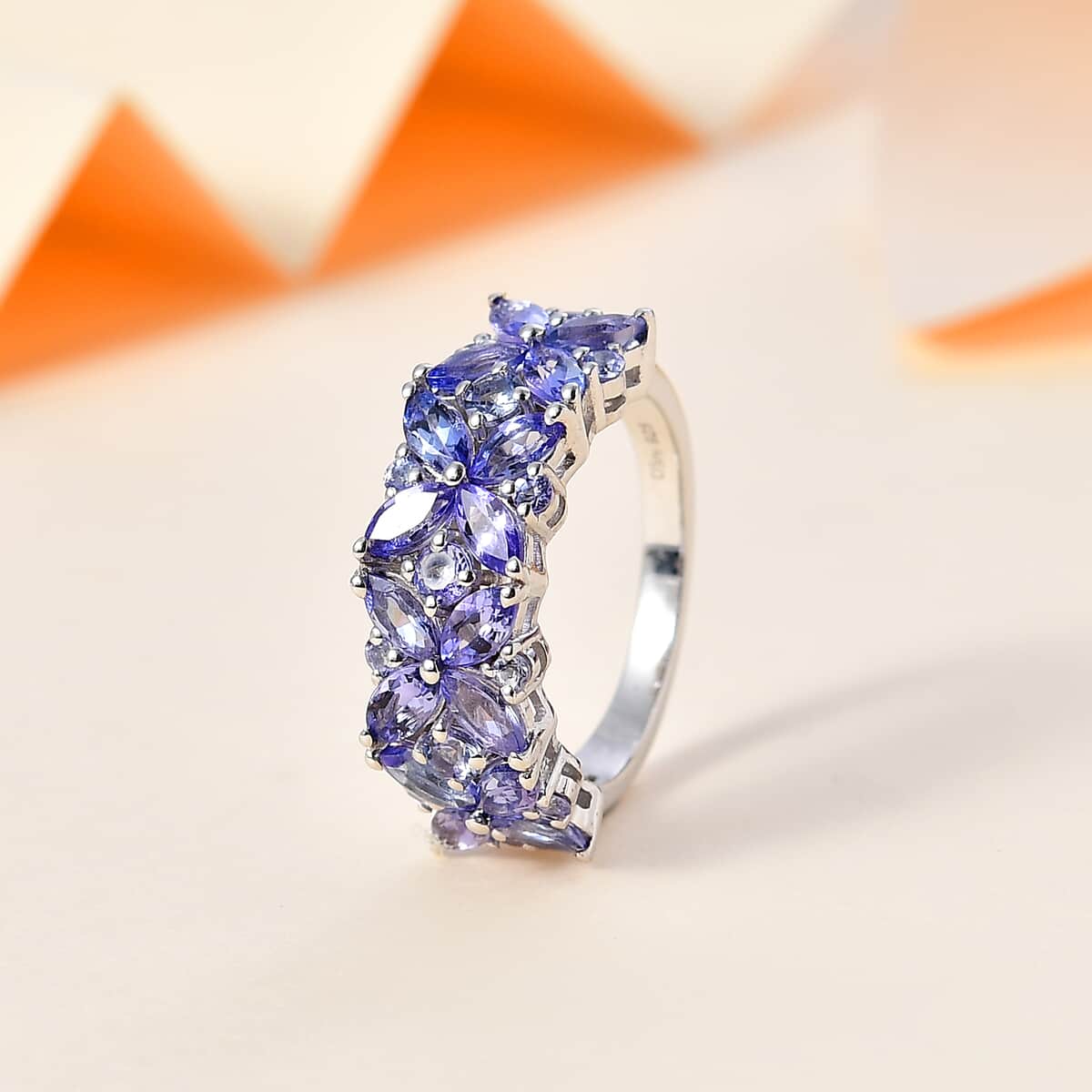Tanzanite Floral Ring in Rhodium Over Sterling Silver (Size 5.0) 2.75 ctw image number 1