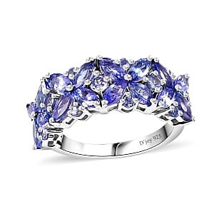 Tanzanite Floral Ring in Rhodium Over Sterling Silver (Size 6.0) 2.75 ctw
