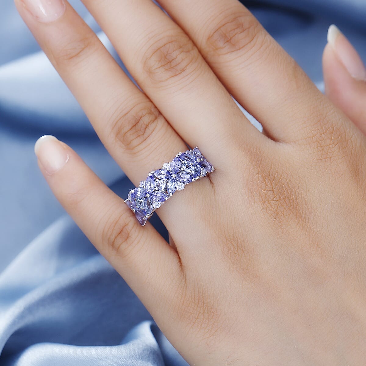 Tanzanite Floral Ring in Rhodium Over Sterling Silver (Size 9.0) 2.75 ctw image number 2