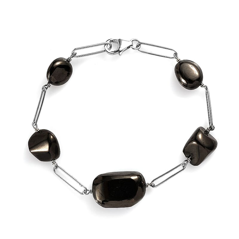 Elite Shungite Paper Clip Chain Station Bracelet in Rhodium Over Sterling Silver (7.50 In) 27.00 ctw