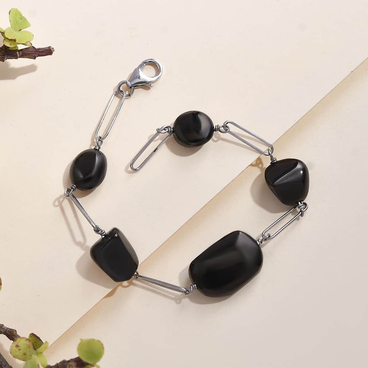 Elite Shungite Paper Clip Chain Station Bracelet in Rhodium Over Sterling Silver (7.50 In) 27.00 ctw image number 1