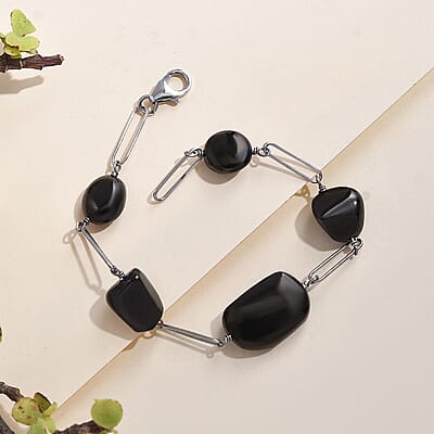 Elite Shungite Paper Clip Chain Station Bracelet in Rhodium Over Sterling Silver (7.50 In) 27.00 ctw